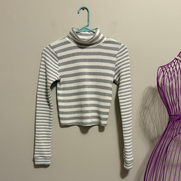 aerie Tops - Aerie Gray and White Striped Waffle Knit Mock Turtleneck